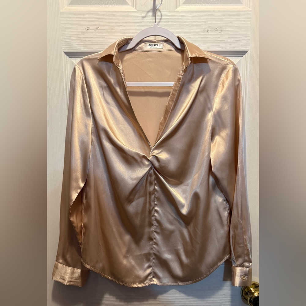 zeagoo Satin Twist-Front Blouse in Champagne Gold